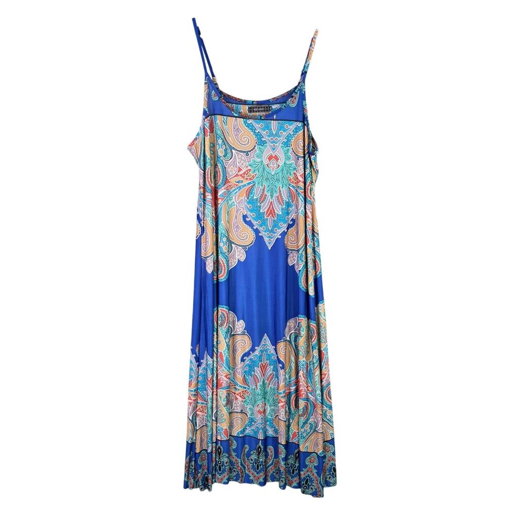 Womens Ice Silk Blue Paisley Boho Maxi Dress Sleeveless Polyester Stretch 1XL